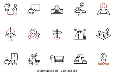 Vector Set of Linear Icons Related to Tourist Route, Cultural Heritage and Excursion. Mono Line Pictograms and Infographics Design Elements 
