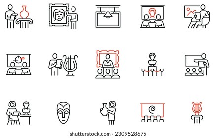 Vector Set of Linear Icons Related to Art Presentation, Educational Lecture, Seminar and Auction. Mono Line Pictograms and Infographics Design Elements 