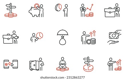 Vector Set of Linear Icons Related to Business investment, Trade Service, Investment Strategy and Finance Management. Mono Line Pictograms and Infographics Design Elements