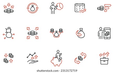 Conjunto de vectores de iconos lineales relacionados con la inversión empresarial, el servicio comercial, la estrategia de inversión y la gestión financiera. Pictogramas de línea monográfica y elementos de diseño de infografías