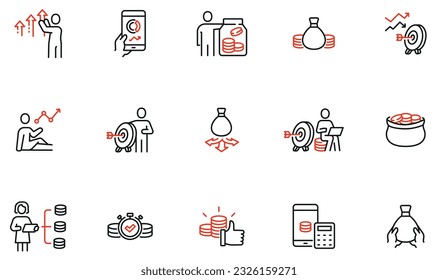 Conjunto de vectores de iconos lineales relacionados con la inversión empresarial, el servicio comercial, la estrategia de inversión y la gestión financiera. Pictogramas de línea monográfica y elementos de diseño de infografía - parte 5