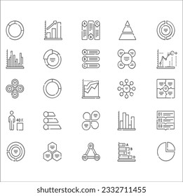 Vector set of linear icons related to business process, team work and human resource management. Mono line pictograms and infographics design elements. 