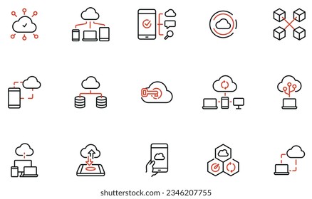 Vector set of linear icons related to network cloud service, cloud storage, data transfer and synchronization. Mono line pictograms and infographics design elements - part 2