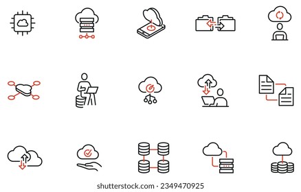 Conjunto de vectores de iconos lineales relacionados con el servicio cloud de red, el almacenamiento en la nube, la transferencia de datos y la sincronización. Pictogramas de línea monocroma y elementos de diseño de infografía - parte 3