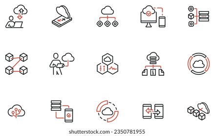 Conjunto de vectores de iconos lineales relacionados con el servicio cloud de red, el almacenamiento en la nube, la transferencia de datos y la sincronización. Pictogramas de línea monocroma y elementos de diseño de infografía - parte 4