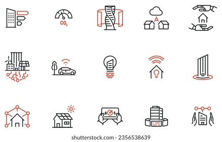 Vector set of linear icons related to building technology, smart houses, urbanism, modern innovation for comfort. Mono line pictograms and infographics design elements - part 2