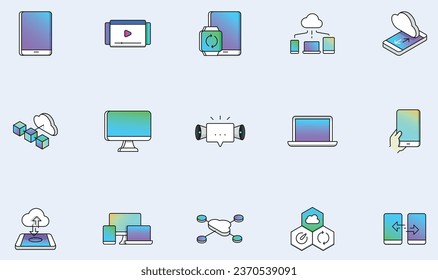 Conjunto de vectores de iconos lineales relacionados con el servicio cloud de red, la transferencia de datos, la computación y la sincronización. Pictogramas de línea monocroma y elementos de diseño de infografía  
