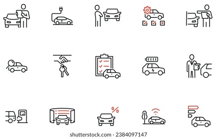 Conjunto de vectores de iconos lineales relacionados con la revisión tecnológica, estadísticas comparadas, uso compartido de coches y alquiler de coches. Pictogramas de línea monográfica y elementos de diseño de infografías 