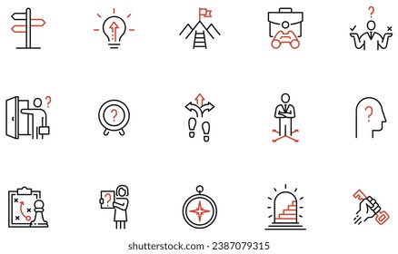 Vector set of linear icons related to decision-making process, problem solving, need to choice. Mono Line pictograms and infographic design elements - part 2