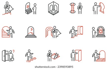 Vektorset mit linearen Symbolen im Zusammenhang mit Problemlösung, Entscheidungsfindung, Komfortzone, persönlicher Herausforderung, Entwicklungsstreben. Mono-Line-Piktogramme und Infografik-Design-Elemente