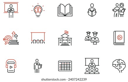 Conjunto de vectores de iconos lineales relacionados con el proceso educativo, la formación, la enseñanza y la enseñanza. Pictogramas de línea monocroma y elementos de diseño de infografía