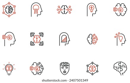 Vector Set of Linear Icons Related to Brain, Solution, Human Abilities and Self-Development. Mono line pictograms and infographics design elements