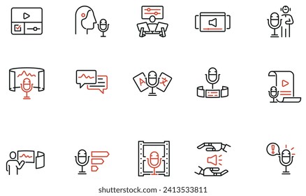 Vector Set of Linear Icons Related to Dubbing Production, Translation, Audio Editing. Mono line pictograms and infographics design elements - part 2