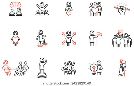 Vector Set of Linear Icons Related to Equal Human Rights, Harmony Relationship, Women Empowerment and Gender Equality. Mono line pictograms and infographics design elements