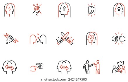 Conjunto vectorial de iconos lineales relacionados con conflictos y desacuerdos, competencia y confrontación. Pictogramas de línea monocroma y elementos de diseño de infografía