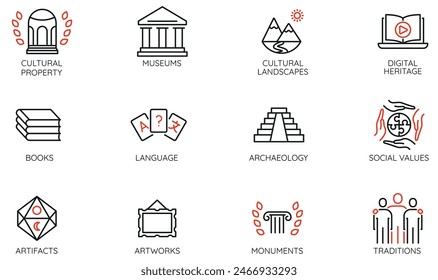 Vector Set of Linear Icons Related to Cultural Heritage and property. Mono line pictograms and infographics design elements