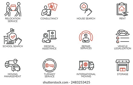 Vector Set of Linear Icons Related to relocation process and accompanying support. Mono line pictograms and infographics design elements