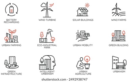 Vector Set of Linear Icons Related to Balance of Nature and Urban Infrastructure and intelligent urbanism. Mono line pictograms and infographics design elements