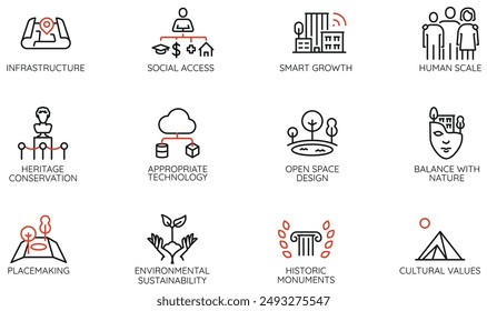 Vector Set of Linear Icons Related to Balance of Cultural Heritage and intelligent urbanism. City Infrastructure. Mono line pictograms and infographics design elements