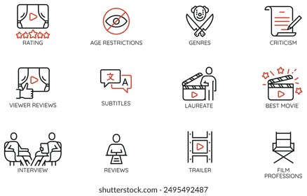 Vector Conjunto de iconos lineales relacionados con la cinematografía, la crítica cinematográfica y la industria cinematográfica. Pictogramas e infografías Elementos de diseño