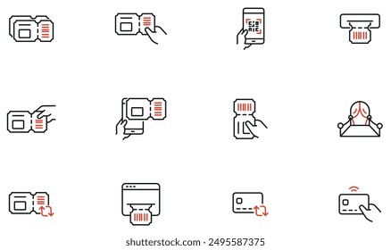 Vector Set of Linear Icons Related to purchasing a ticket to an event or trips, ticket pass. Mono line pictograms and infographics design elements