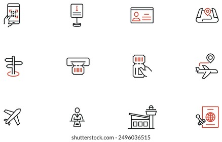 Vector Set of Linear Icons Related to Air Travel, Boarding pass and Airplane Ticket. Mono line pictograms and infographics design elements