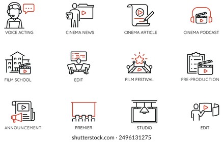 Vector Set of Linear Icons Related to Cinematography, Film Premiere, Cinema Production. Mono line pictograms and infographics design elements