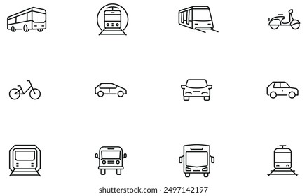 Vector Set of Linear Icons Related to Urban Ground Transportation, Vehicle and Public Transport Mono line pictograms and infographics design elements