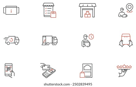 Vector Set of Linear Icons Related to Tracking Order, Express Delivery Process, Convenience of Purchasing Products. Mono line pictograms and infographics design elements