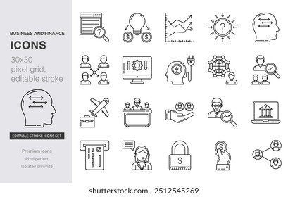 Vector set of linear icons related to business process, team work and human resource management. Mono line pictograms and infographics design elements