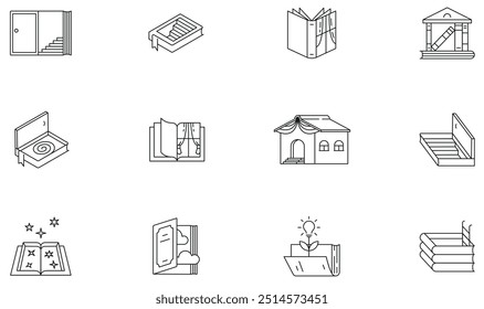 Vector Conjunto de iconos lineales relacionados con el libro es como una puerta mágica al conocimiento Nuevo, una ventana a otro punto de vista. Educación y aprendizaje