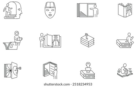 Conjunto vetorial de ícones lineares relacionados à leitura e livro, educação e aprendizagem. Pictogramas monocromáticos e elementos de design infográfico