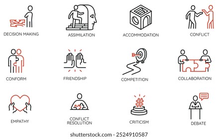 Conjunto vetorial de ícones lineares relacionados com o tipo de Comunicação e Interação entre Pessoas. Pictogramas monocromáticos e elementos de design infográfico