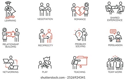 Conjunto vetorial de ícones lineares relacionados com o tipo de Comunicação e Interação entre Pessoas. Pictogramas monocromáticos e elementos de design infográfico - parte 1