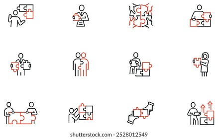 Conjunto vetorial de ícones lineares relacionados ao processo de organização, estrutura de negócios. Quebra-cabeça e liderança. Pictogramas monocromáticos e elementos de design infográfico - parte 2