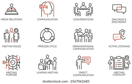 Vector Set of Linear Icons Related to Business Meeting, Team Work, Leadership Traits, Relationship. Mono line pictograms and infographics design elements