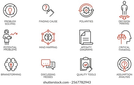 Vector Set of Linear Icons Related to Potential Problem Solving, Decision Making, Leadership Traits. Mono line pictograms and infographics design elements 