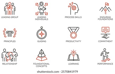 Vector Set of Linear Icons Related to Personal Growth, Leadership Traits, Foundational Skills. Mono line pictograms and infographics design elements