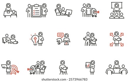 Vector Set of Linear Icons Related to Leadership and Businesswoman, Partnership and Business Relationship. Mono line pictograms and infographics design elements