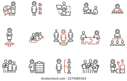 Vector Set of Linear Icons Related to Business Structure, Corporate Hierarchy, Project Management and Organization process. Mono line pictograms and infographics design elements