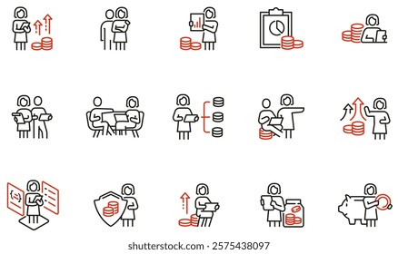 Vector Set of Linear Icons Related to Finance Management, Budgeting Planning, Investment Strategy and Analysis. Mono line pictograms and infographics design elements
