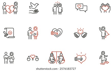 Vector Set of Linear Icons Related to Family Values, Quality Rights, Harmony Relationship. Mono line pictograms and infographics design elements - part 1