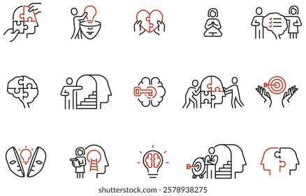 Vector Set of Linear Icons Related to Personality Structure, Psychology and Problem Solving. Mono line pictograms and infographics design elements