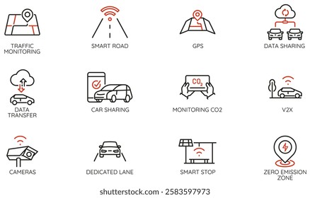 Vector Set of Linear Icons Related to Intelligent Transportation System and Modern Urban Mobility and Sustainable Transport. Mono line pictograms and infographics design elements