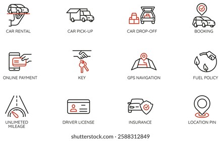 Vector Set of Linear Icons Related to car rental, booking service, and car-sharing. Mono line pictograms and infographics design elements - part 1