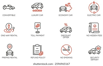 Vector Set of Linear Icons Related to car rental, booking service, and car-sharing. Mono line pictograms and infographics design elements - part 3