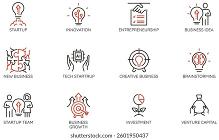 Vector Set of Linear Icons Related to Startup, Entrepreneurship and Business Idea. Mono line pictograms and infographics design elements 