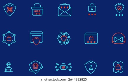 Vector Set of Linear Icons Related to AI Security, Digital Locks, Hacker Threats, Password Protection for Smart Digital Defense - part 5