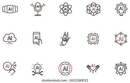 Vector set of linear icons related to neural networks,  AI integration, automation, digital innovation for technology presentations, apps, websites and infographics - part 1