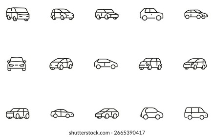 Vector conjunto de iconos lineales relacionados con varios tipos de vehículos para alquiler, carsharing, UI, Web, App o diseño de infografía